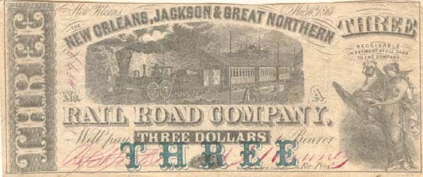 New Orleans, Jackson and Great Northern Railroad Co. - Obsolete Banknote - Paper Money